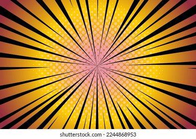 Manga anime action frame lines with halftones. Colored Pop art retro background with exploding rays of lightning comic style, vector illustration. Abstract explosive template with speed lines