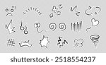 Manga or anime comic emoticon element graphic effects hand drawn doodle vector illustration set isolated on dotted background. Line style manga doodle line expression scribble anime mark collection.