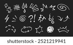 Manga or anime comic emoticon element graphic effects hand drawn doodle vector illustration set isolated on black background. Line style manga doodle line expression scribble anime mark collection.