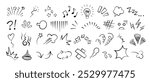 Manga or anime comic emoticon element graphic effects hand drawn doodle vector illustration set isolated on white background. Cartoon style manga doodle line expression scribble anime mark collection.