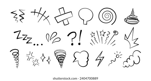 Manga or anime comic emoticon element graphic effects hand drawn doodle vector illustration set isolated on white background. Cartoon style manga doodle line expression scribble anime mark collection.