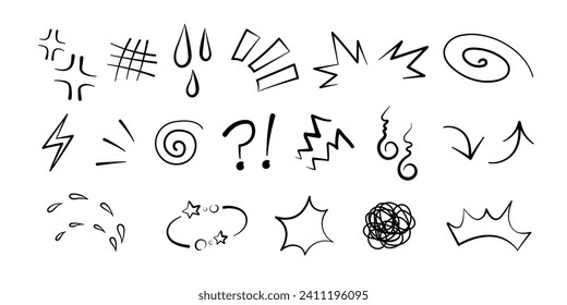 Manga or anime comic emoticon element graphic effects hand drawn doodle vector illustration set isolated on white background. Cartoon style manga doodle line expression scribble anime mark collection.