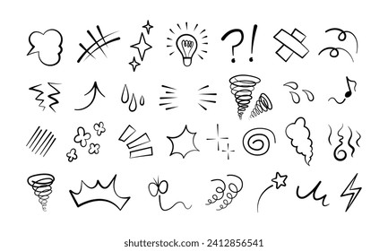 Manga or anime comic emoticon element graphic effects hand drawn doodle vector illustration set isolated on white background. Cartoon style manga doodle line expression scribble anime mark collection.