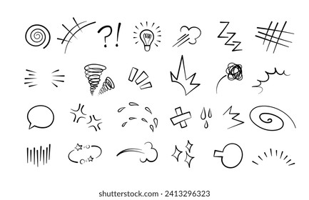 Manga or anime comic emoticon element graphic effects hand drawn doodle vector illustration set isolated on white background. Cartoon style manga doodle line expression scribble anime mark collection.