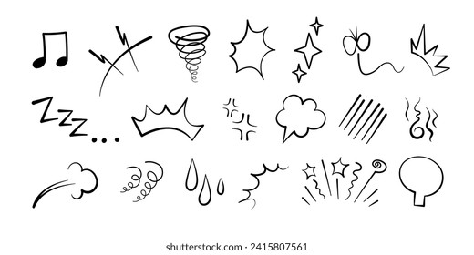 Manga or anime comic emoticon element graphic effects hand drawn doodle vector illustration set isolated on white background. Cartoon style manga doodle line expression scribble anime mark collection.