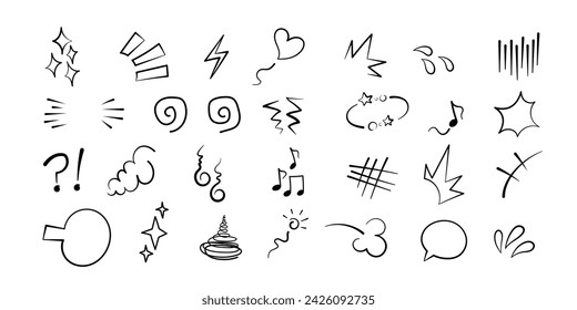 Manga or anime comic emoticon element graphic effects hand drawn doodle vector illustration set isolated on white background. Cartoon style manga doodle line expression scribble anime mark collection.