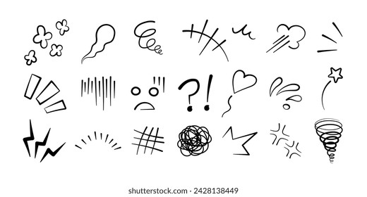 Manga or anime comic emoticon element graphic effects hand drawn doodle vector illustration set isolated on white background. Cartoon style manga doodle line expression scribble anime mark collection.