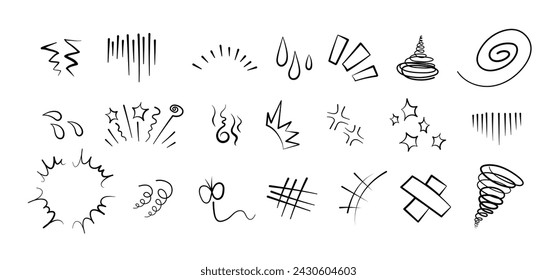 Manga or anime comic emoticon element graphic effects hand drawn doodle vector illustration set isolated on white background. Cartoon style manga doodle line expression scribble anime mark collection.