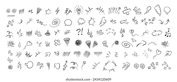 Manga or anime comic emoticon element graphic effects hand drawn doodle vector illustration set isolated on white background. Cartoon style manga doodle line expression scribble anime mark collection.