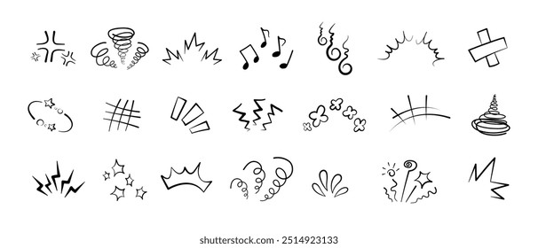 Manga or anime comic emoticon element graphic effects hand drawn doodle vector illustration set isolated on white background. Cartoon style manga doodle line expression scribble anime mark collection.