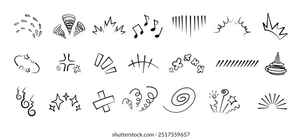 Mangá ou anime emoticon elemento gráfico efeitos desenhados à mão doodle vetor ilustração conjunto isolado no fundo branco. Estilo de desenho animado mangá doodle linha expressão rabiscar anime marca coleção.
