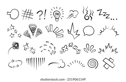 Manga or anime comic emoticon element graphic effects hand drawn doodle vector illustration set isolated on white background. Cartoon style manga doodle line expression scribble anime mark collection.