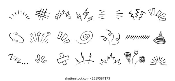 Mangá ou anime emoticon elemento gráfico efeitos desenhados à mão doodle vetor ilustração conjunto isolado no fundo branco. Estilo de desenho animado mangá doodle linha expressão rabiscar anime marca coleção.