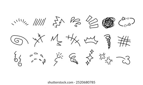 Mangá ou anime emoticon elemento gráfico efeitos desenhados à mão doodle vetor ilustração conjunto isolado no fundo branco. Mangá estilo desenhos animados