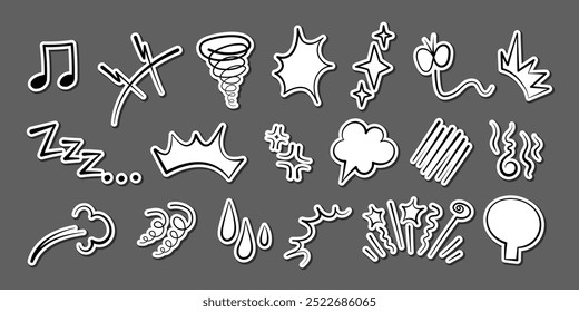 Manga or anime comic emoticon element graphic effects hand drawn doodle vector illustration set isolated on gray background. Sticker style manga doodle line expression scribble anime mark collection