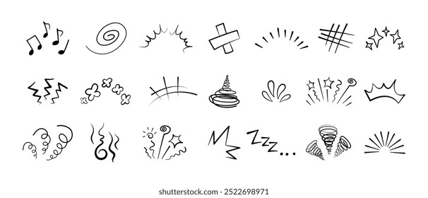 Manga or anime comic emoticon element graphic effects hand drawn doodle vector illustration set isolated on white background. Line style manga doodle line expression scribble anime mark collection.