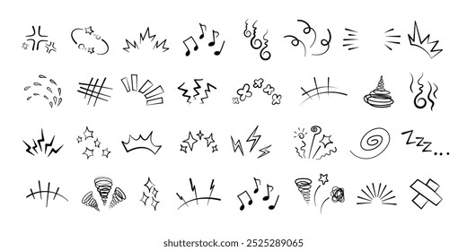 Mangá ou anime emoticon elemento gráfico efeitos desenhados à mão doodle vetor ilustração conjunto isolado no fundo branco. Linha estilo mangá doodle linha expressão rabiscar anime marca coleção.