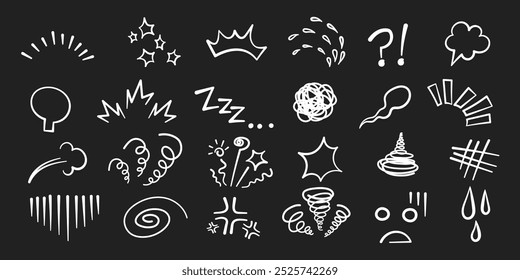 Manga or anime comic emoticon element graphic effects hand drawn doodle vector illustration set isolated on black background. Line style manga doodle line expression scribble anime mark collection.