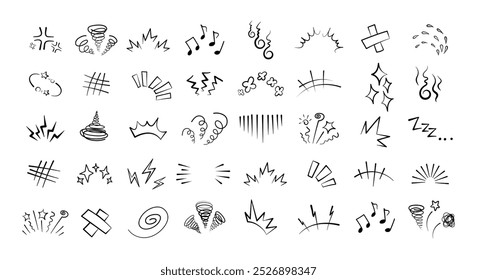 Manga or anime comic emoticon element graphic effects hand drawn doodle vector illustration set isolated on white background. Line style manga doodle line expression scribble anime mark collection.