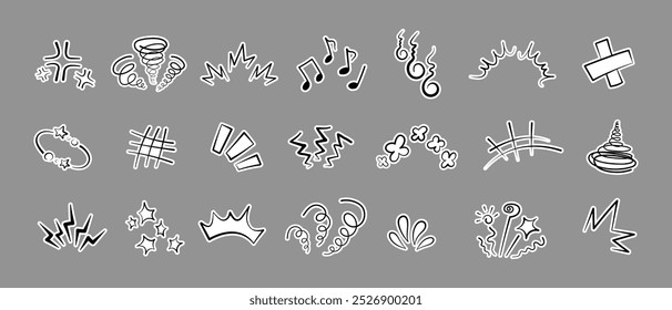 Manga or anime comic emoticon element graphic effects hand drawn doodle vector illustration set isolated on gray background. Sticker style manga doodle line expression scribble anime mark collection