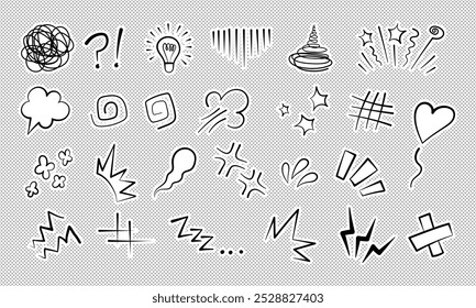 Mangá ou anime quadrinhos emoticon elementos gráficos efeitos desenhados à mão doodle vetor ilustração conjunto isolado em fundo pontilhado. Coleção de marcas de anime rabiscado de expressão de linha de doodle mangá estilo adesivo