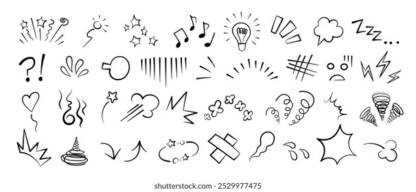 Manga or anime comic emoticon element graphic effects hand drawn doodle vector illustration set isolated on white background. Cartoon style manga doodle line expression scribble anime mark collection.