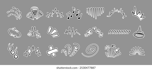 Manga or anime comic emoticon element graphic effects hand drawn doodle vector illustration set isolated on gray background. Sticker style manga doodle line expression scribble anime mark collection