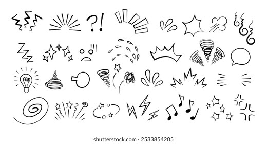 Mangá ou anime emoticon elemento gráfico efeitos desenhados à mão doodle vetor ilustração conjunto isolado no fundo branco. Estilo de desenho animado mangá doodle linha expressão rabiscar anime marca coleção.