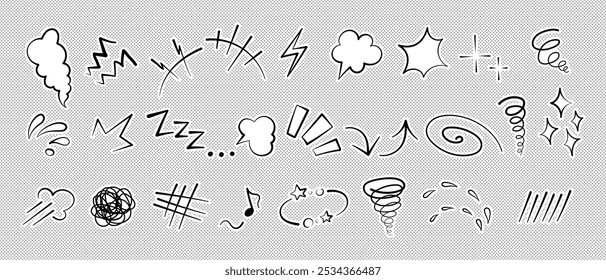 Mangá ou anime quadrinhos emoticon elementos gráficos efeitos desenhados à mão doodle vetor ilustração conjunto isolado em fundo pontilhado. Coleção de marcas de anime rabiscado de expressão de linha de doodle mangá estilo adesivo