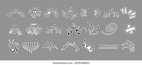 Manga or anime comic emoticon element graphic effects hand drawn doodle vector illustration set isolated on gray background. Sticker style manga doodle line expression scribble anime mark collection