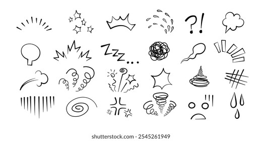 Manga or anime comic emoticon element graphic effects hand drawn doodle vector illustration set isolated on white background. Line style manga doodle line expression scribble anime mark collection.