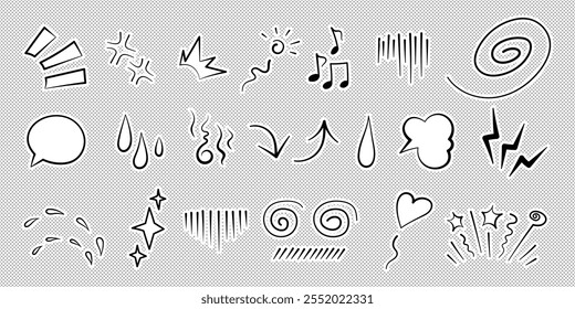 Manga o anime cómic elemento emoticon efectos gráficos dibujados a mano doodle conjunto de Ilustración vectorial aislado sobre fondo punteado. Estilo de la etiqueta engomada manga doodle línea expresión garabato anime marca colección