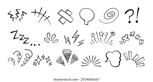 Manga or anime comic emoticon element graphic effects hand drawn doodle vector illustration set isolated on white background. Line style manga doodle line expression scribble anime mark collection.
