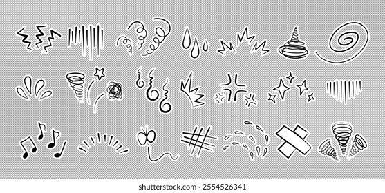 Manga or anime comic emoticon element graphic effects hand drawn doodle vector illustration set isolated on gray background. Sticker style manga doodle line expression scribble anime mark collection