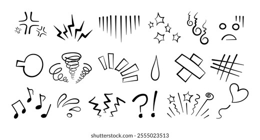 Manga or anime comic emoticon element graphic effects hand drawn doodle vector illustration set isolated on white background. Line style manga doodle line expression scribble anime mark collection.