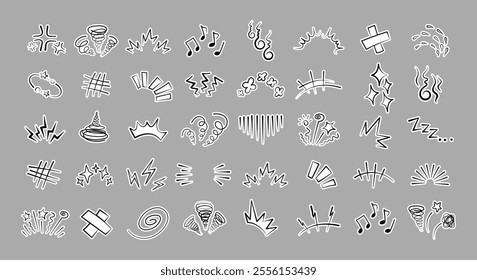 Manga or anime comic emoticon element graphic effects hand drawn doodle vector illustration set isolated on gray background. Sticker style manga doodle line expression scribble anime mark collection.