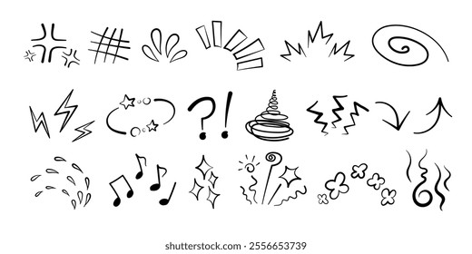 Manga or anime comic emoticon element graphic effects hand drawn doodle vector illustration set isolated on white background. Line style manga doodle line expression scribble anime mark collection.