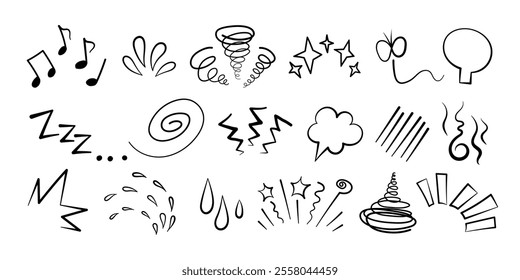 Manga or anime comic emoticon element graphic effects hand drawn doodle vector illustration set isolated on white background. Cartoon style manga doodle line expression scribble anime mark collection.