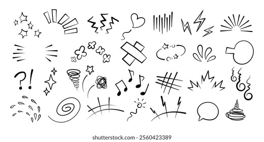 Manga or anime comic emoticon element graphic effects hand drawn doodle vector illustration set isolated on white background. Line style manga doodle line expression scribble anime mark collection.