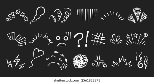 Manga or anime comic emoticon element graphic effects hand drawn doodle vector illustration set isolated on black background. Line style manga doodle line expression scribble anime mark collection.