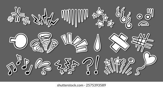 Manga or anime comic emoticon element graphic effects hand drawn doodle vector illustration set isolated on gray background. Sticker style manga doodle line expression scribble anime mark collection