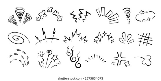 Manga or anime comic emoticon element graphic effects hand drawn doodle vector illustration set isolated on white background. Line style manga doodle line expression scribble anime mark collection.