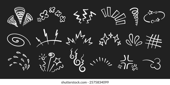 Manga or anime comic emoticon element graphic effects hand drawn doodle vector illustration set isolated on black background. Line style manga doodle line expression scribble anime mark collection.