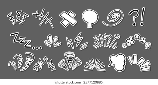 Manga or anime comic emoticon element graphic effects hand drawn doodle vector illustration set isolated on gray background. Sticker style manga doodle line expression scribble anime mark collection