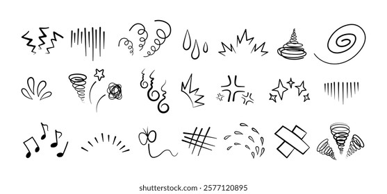 Manga or anime comic emoticon element graphic effects hand drawn doodle vector illustration set isolated on white background. Line style manga doodle line expression scribble anime mark collection.