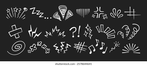 Manga or anime comic emoticon element graphic effects hand drawn doodle vector illustration set isolated on black background. Line style manga doodle line expression scribble anime mark collection.