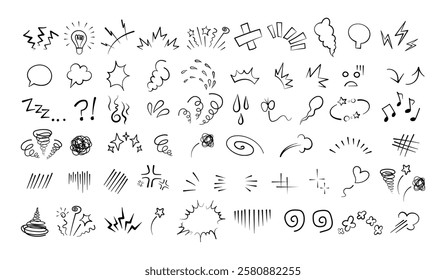 Manga or anime comic emoticon element graphic effects hand drawn doodle vector illustration set isolated on white background. Cartoon style manga doodle line expression scribble anime mark collection.