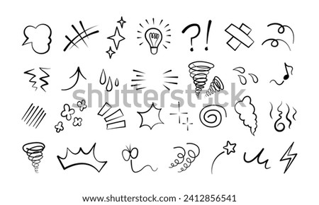 Manga or anime comic emoticon element graphic effects hand drawn doodle vector illustration set isolated on white background. Cartoon style manga doodle line expression scribble anime mark collection.