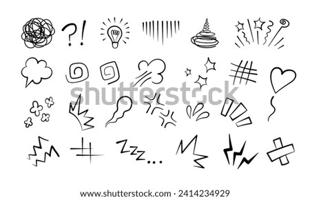 Manga or anime comic emoticon element graphic effects hand drawn doodle vector illustration set isolated on white background. Cartoon style manga doodle line expression scribble anime mark collection.