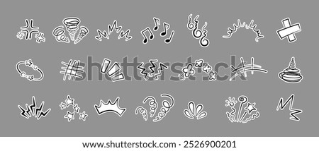 Manga or anime comic emoticon element graphic effects hand drawn doodle vector illustration set isolated on gray background. Sticker style manga doodle line expression scribble anime mark collection